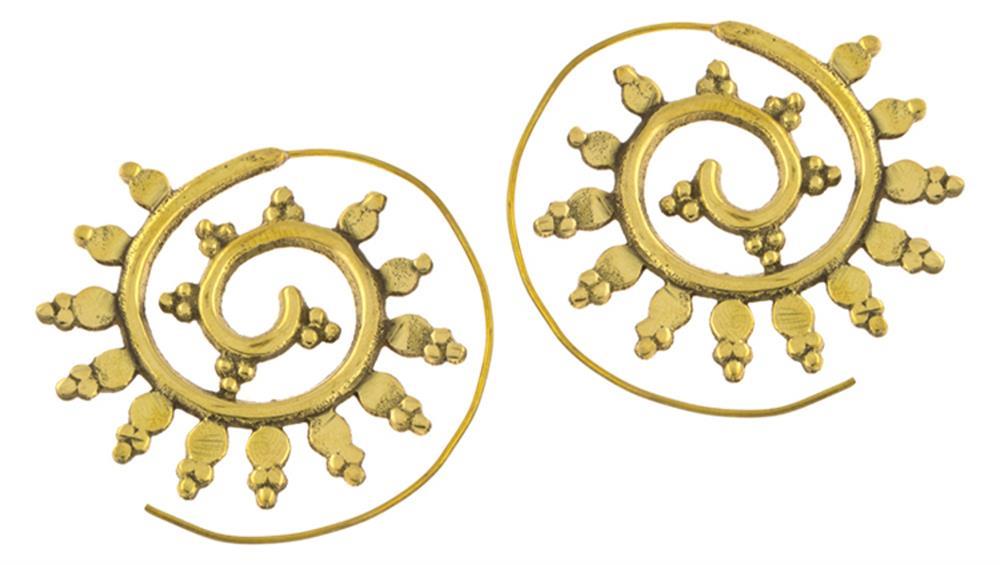 Spiralen Ohrringe Dreiecke Punkte Kreise Messing Brass antik golden Piercing Tribal