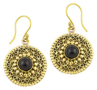 Cargar imagen en el visor de la galería, Ohrringe Onyx Kreise rund Spiralbögen Messing antik golden Tribal 22 mm

