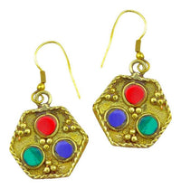 Cargar imagen en el visor de la galería, Ohrringe Wabe Steine rund bunt Ohrhänger Messing antik golden nickelfrei Tribal Brass
