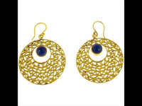 Load image into Gallery viewer, Ohrringe Kreis gestanzt Lapis Mandel blau Messing antik golden Tribal Ohrhänger
