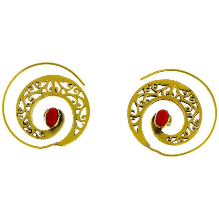 Spiralen Ohrringe breit gestanzt Jaspis oval Messing antik golden nickelfrei Piercing Tribal Schmuck