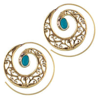Cargar imagen en el visor de la galería, Spiralen Ohrringe breit gestanzt Türkis oval Messing antik golden nickelfrei Piercing Tribal
