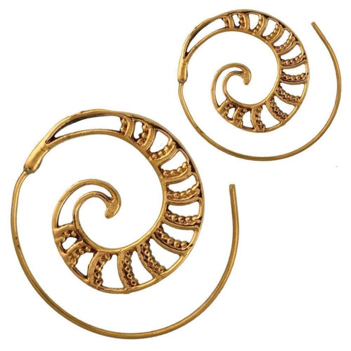 Spiralen Ohrringe Muschel Segmente Punkte Brass antik golden Tribal Piercing