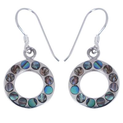 Damen Ohrringe/Ohrhänger aus Pauamuschel-Abalone, Perlmutt in 925 Sterling Silber eingefasst, ca. 15 mm Ø