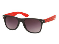 Load image into Gallery viewer, Die Sonnenbrille Punkte Unisex Nerd Brille besticht im Retro-Stil mit dunkel getönten Gläsern, dicken roten Bügeln mit schwarzen Punkten, rotem Innenbügel und bietet zuverlässigen UV 400 Schutz.
