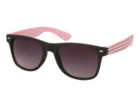 Load image into Gallery viewer, The Sonnenbrille Punkte Unisex Nerd Brille features black frames, dark lenses (UV 400), and pink temple arms with black polka dots on the back. Enjoy a retro style and reliable eye protection.
