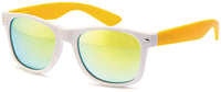 Cargar imagen en el visor de la galería, The Sonnenbrille verspiegelt 400 UV Nerdbrille weiß bunte Bügel features a white frame, colorful arms, and yellow-green mirrored lenses that provide stylish UV 400 protection for your eyes.
