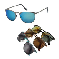 Load image into Gallery viewer, Five pairs of Sonnenbrille Retro Metallrahmen Brille, getönt und verspiegelt mit 400 UV-Schutz, in verschiedenen Farben und Styles liegen auf weißem Hintergrund. Eine Unisex-Brille ist separat darüber angeordnet.
