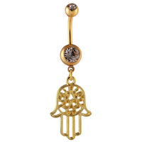 Load image into Gallery viewer, Bauchnabelpiercing golden Hand der Fatima Zirkonia Steine weiß zwei Kugeln Edelstahl
