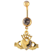 Load image into Gallery viewer, Bauchnabelpiercing golden Herz mit Krone von Händen gehalten zwei Kugeln Edelstahl
