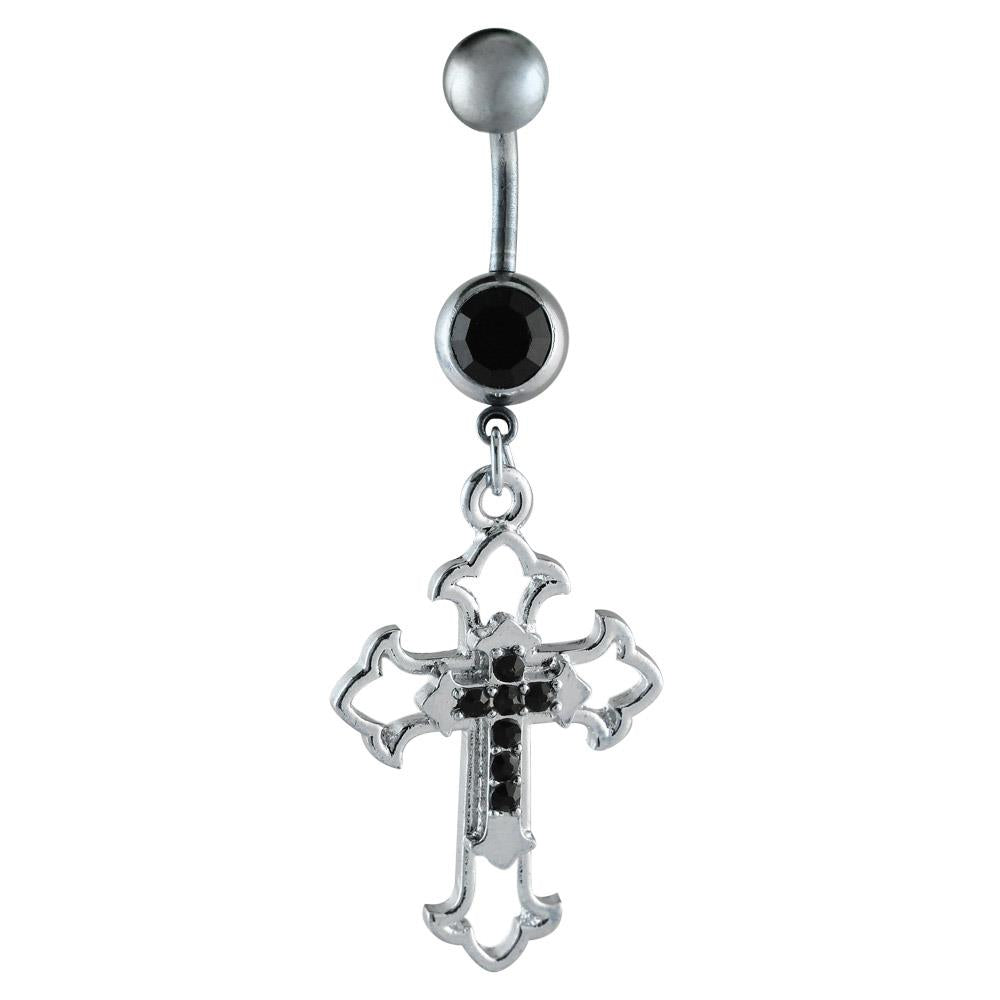 Bauchnabelpiercing silberfarben Kreuz auf Kreuz schwarz zwei Kugeln Edelstahl