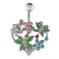 Load image into Gallery viewer, Bauchnabelpiercing silberfarben Großes Herz bunt Blumen Schmetterlinge Edelstahl

