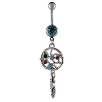 Cargar imagen en el visor de la galería, Bauchnabelpiercing silberfarben zwei Kugeln Traumfänger bunt Feder Edelstahl
