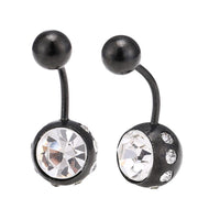 Cargar imagen en el visor de la galería, Bauchnabelpiercing schwarz zwei Kugeln Steine weiß Rand kleine Steine Edelstahl
