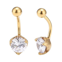 Cargar imagen en el visor de la galería, Bauchnabelpiercing golden großer weißer Zirkonia Stein rund 3-seitig eingefasst Edelstahl
