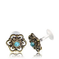 Load image into Gallery viewer, Labret Lippen Piercing Acryl Türkis Punkte Blume gold Brass
