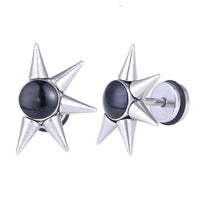 Load image into Gallery viewer, Fake Piercing Expander Zacken schwarzer Stein silberfarben Schraubverschluss Edelstahl
