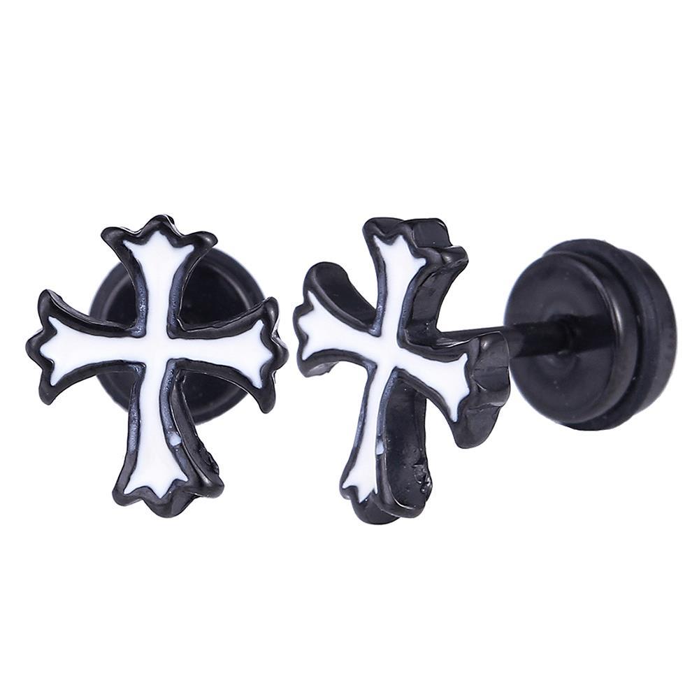 Fake Piercing Expander schwarz mit weißem Kreuz Schaubverschluss Edelstahl
