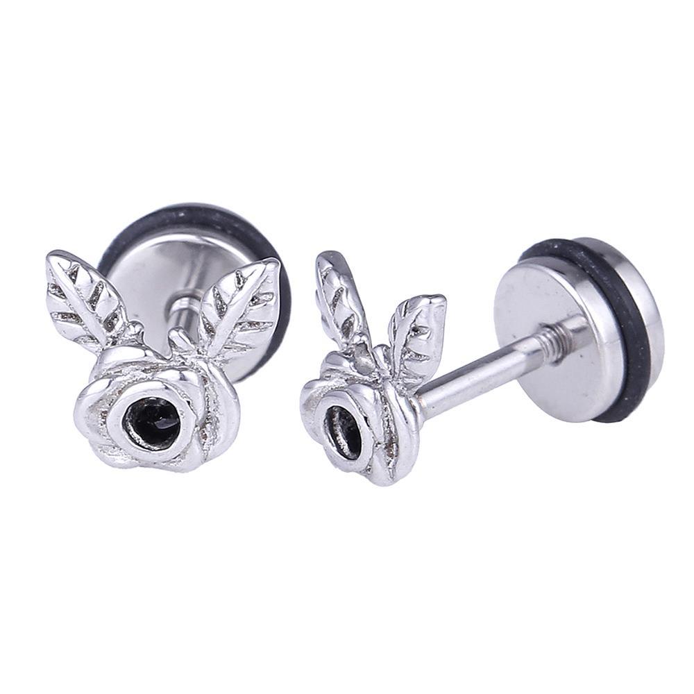 Fake Piercing Expander Rose mit zwei Bättern silber Farben Schraubverschluss Edelstahl