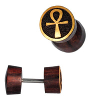 Load image into Gallery viewer, Fake Plug Motiv Sonoholz Holz Piercing Edelstahl gold
