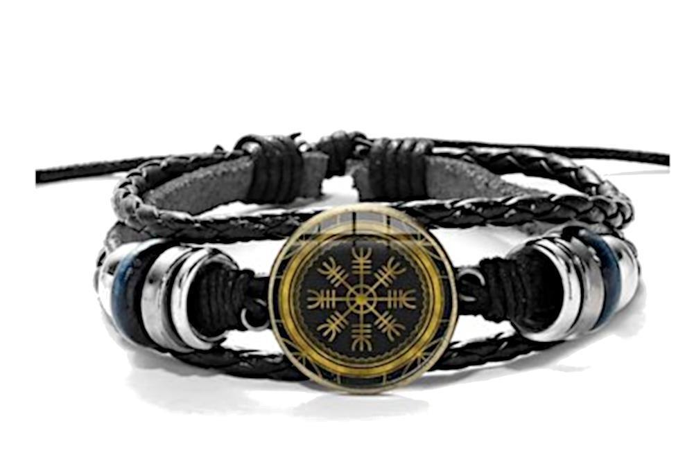 Viking Kompass Leder Armband schwarz silber verstellbar