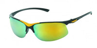 Load image into Gallery viewer, A pair of Sonnenbrille Sport verspiegelt 400 UV with metallic farbig Verzierung unten, frameless design, and yellow bridge accent is displayed on a white background.
