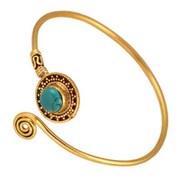 Load image into Gallery viewer, Messing Armreif antik golden türkis Stein Spirale verstellbar
