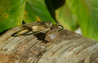 Load image into Gallery viewer, Messing Armreif antik golden Mondstein Maserung Schnörkel Herzen verstellbar
