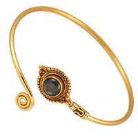 Load image into Gallery viewer, Messing Armreif antik gold Labradorith rund Kugeln offen
