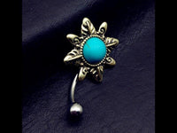 Load image into Gallery viewer, Bauchnabelpiercing Edelstahl Türkis gold Blume - chic - net.de
