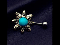 Load image into Gallery viewer, Bauchnabelpiercing Edelstahl Türkis gold Blume - chic - net.de
