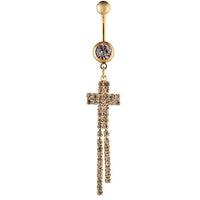 Load image into Gallery viewer, Bauchnabelpiercing golden Kreuz Reihen Zirkonia Steine zwei Kugeln Edelstahl - chic - net.de
