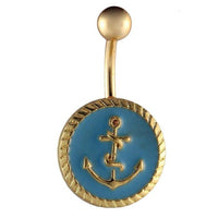 Cargar imagen en el visor de la galería, Bauchnabelpiercing goldfarben runde Platte blau Anker golden Edelstahl - chic - net.de

