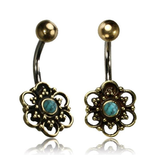 Bauchnabelpiercing Messing Edelstahl antik golden silbern Blüte Türkis - chic - net.de