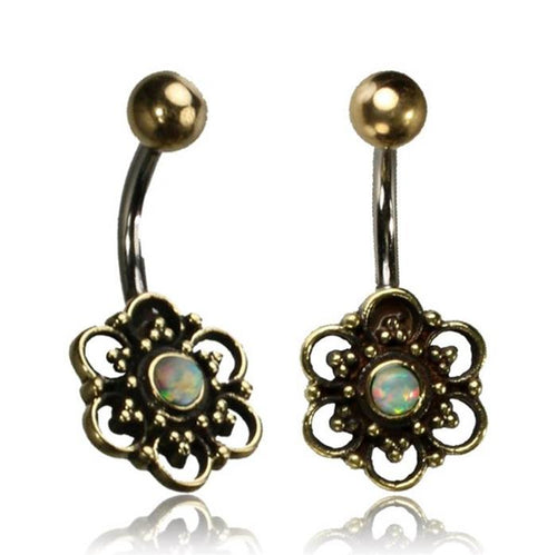 Bauchnabelpiercing Messing Edelstahl antik golden silbern Blüte weißer Opal - chic - net.de