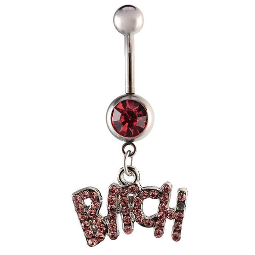 Bauchnabelpiercing silberfarben Bitch Schrift rosa Zirkonia Edelstahl - chic - net.de