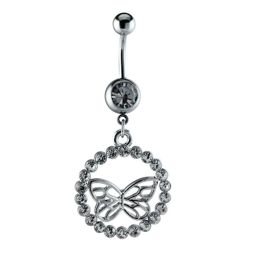 Bauchnabelpiercing silberfarben Schmetterling im weißen Zirkonia Stein Kreis Edelstahl - chic - net.de