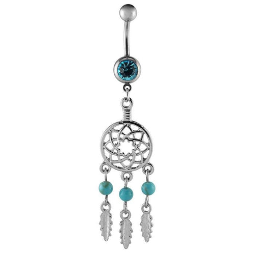 Bauchnabelpiercing silberfarben Traumfänger Federn türkis zwei Kugeln Edelstahl - chic - net.de