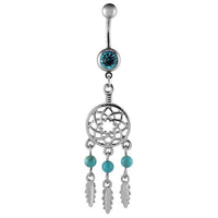 Load image into Gallery viewer, Bauchnabelpiercing silberfarben Traumfänger Federn türkis zwei Kugeln Edelstahl - chic - net.de
