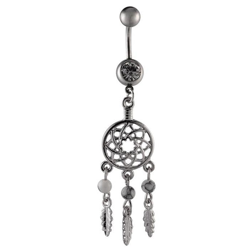 Bauchnabelpiercing silberfarben Traumfänger Federn weiß zwei Kugeln Edelstahl - chic - net.de