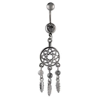 Load image into Gallery viewer, Bauchnabelpiercing silberfarben Traumfänger Federn weiß zwei Kugeln Edelstahl - chic - net.de
