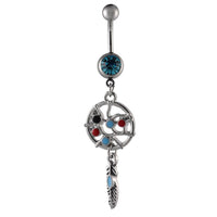 Cargar imagen en el visor de la galería, Bauchnabelpiercing silberfarben zwei Kugeln Traumfänger bunt Feder Edelstahl - chic - net.de
