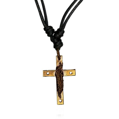 Baumwolle Kette schwarz Anhänger Kreuz mit Feder Brass antik golden - chic - net.de