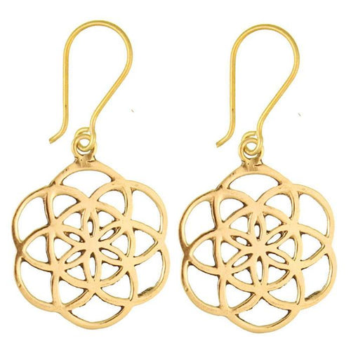 Blume des Lebens Ohrringe wellig Messing antik golden Tribal Ohrhänger nickelfrei flower of life - chic - net.de