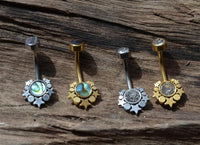 Load image into Gallery viewer, Bauchnabelpiercing Edelstahl Gold PVD Sterne Zirkonia Paua
