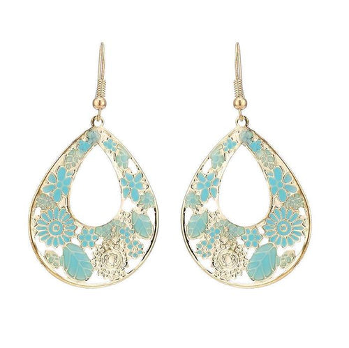 Brass golden blaue Ohrringe Emaille Tropfen Creolen Blumen 4 cm - chic - net.de