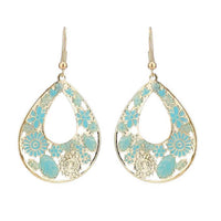 Load image into Gallery viewer, Brass golden blaue Ohrringe Emaille Tropfen Creolen Blumen 4 cm - chic - net.de
