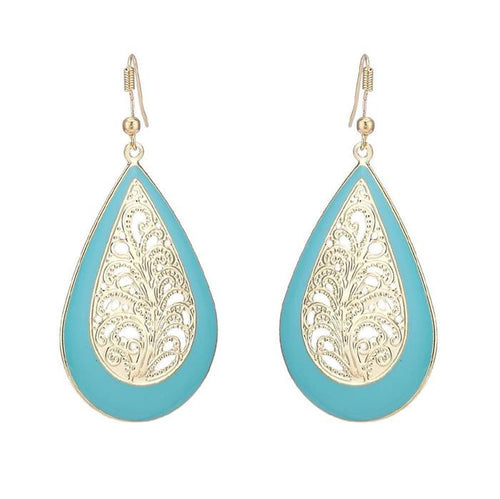 Brass golden blaue Ohrringe Emaille Tropfen Farn verziert gewölbt 5 cm - chic - net.de