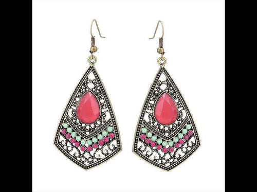 Brass golden Drachenviereck umgedreht Ohrringe Tropfen Steine pink grün facettiert - chic - net.de