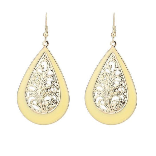 Brass golden gelbe Ohrringe Emaille Tropfen Farn verziert gewölbt 5 cm - chic - net.de